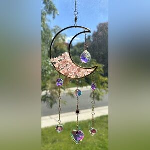 Rose Quartz Gemstone Crescent Moon Celestial Hanging Prisms Charms Sun Catcher